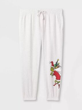 The Grinch Women's Oatmeal Gray Graphic Jogger Sweatpants Size Medium
